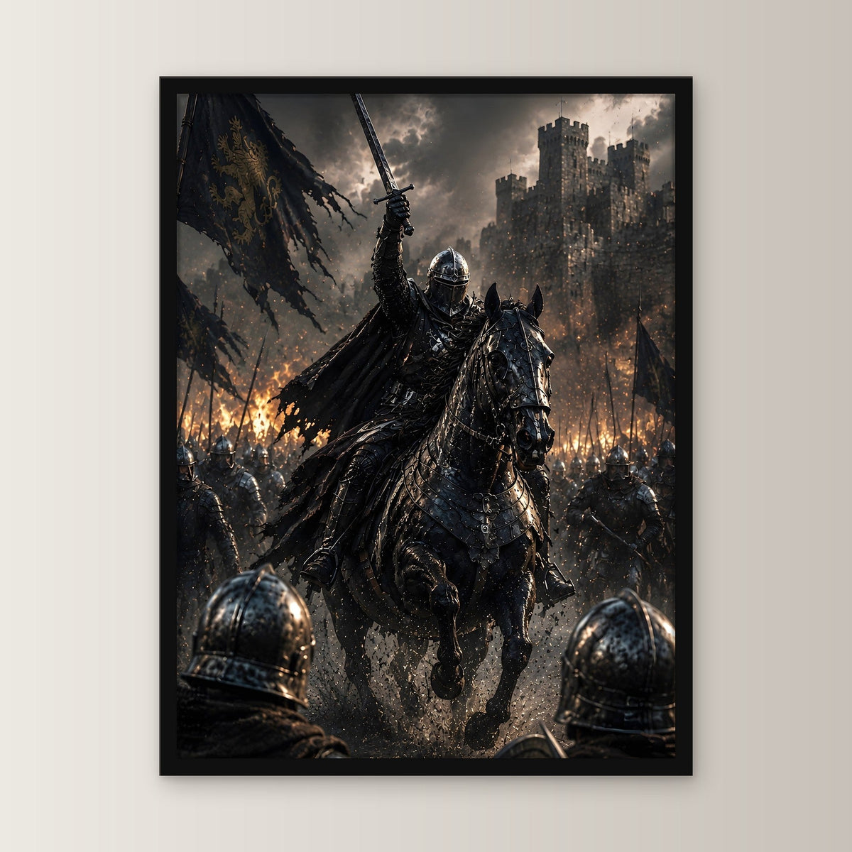 Dark-Fantasy Poster gerahmt im schwarzen Holzrahmen, gerade von vorn an heller Wand