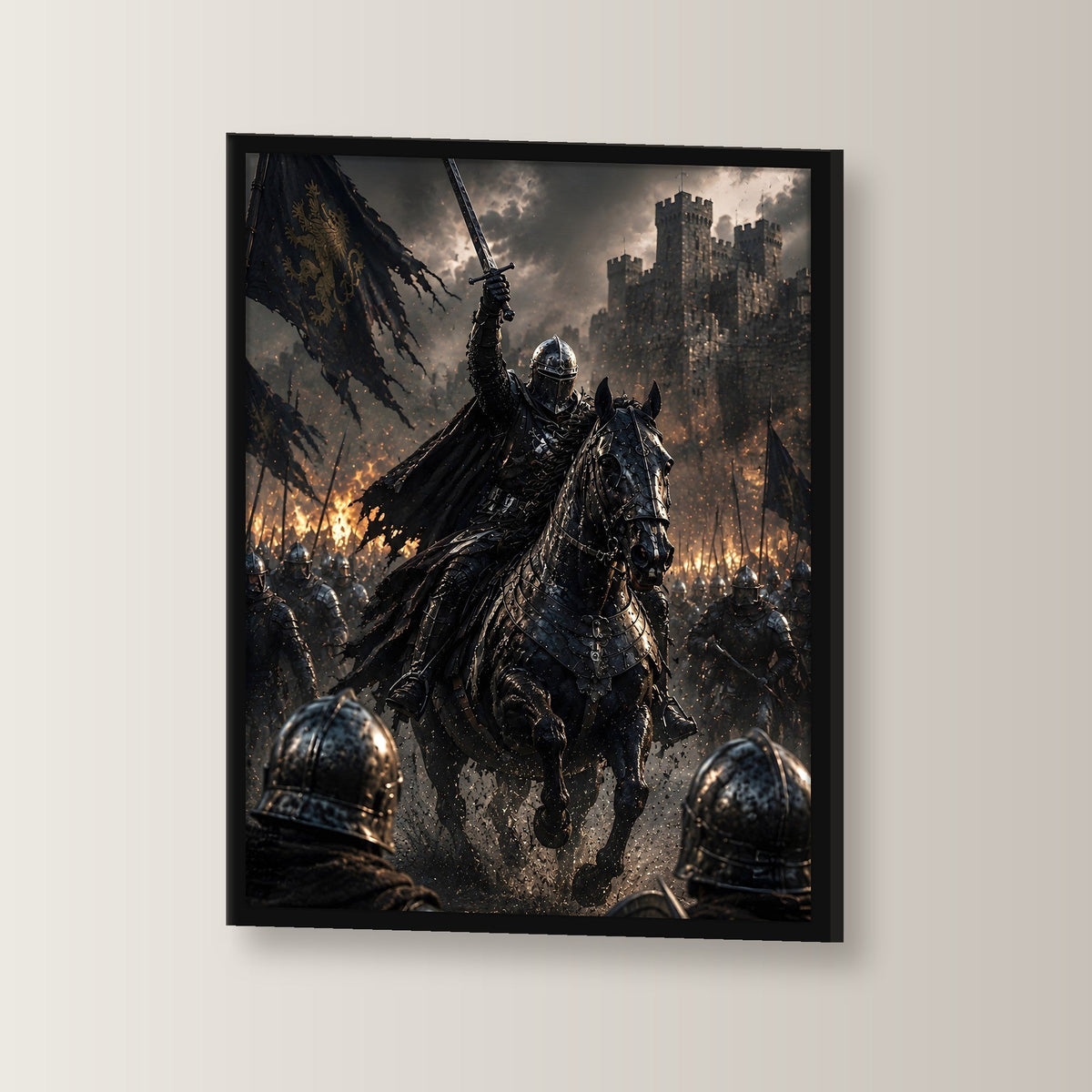Dark-Fantasy Poster gerahmt im schwarzen Holzrahmen, leicht gedreht an der Wand fotografiert