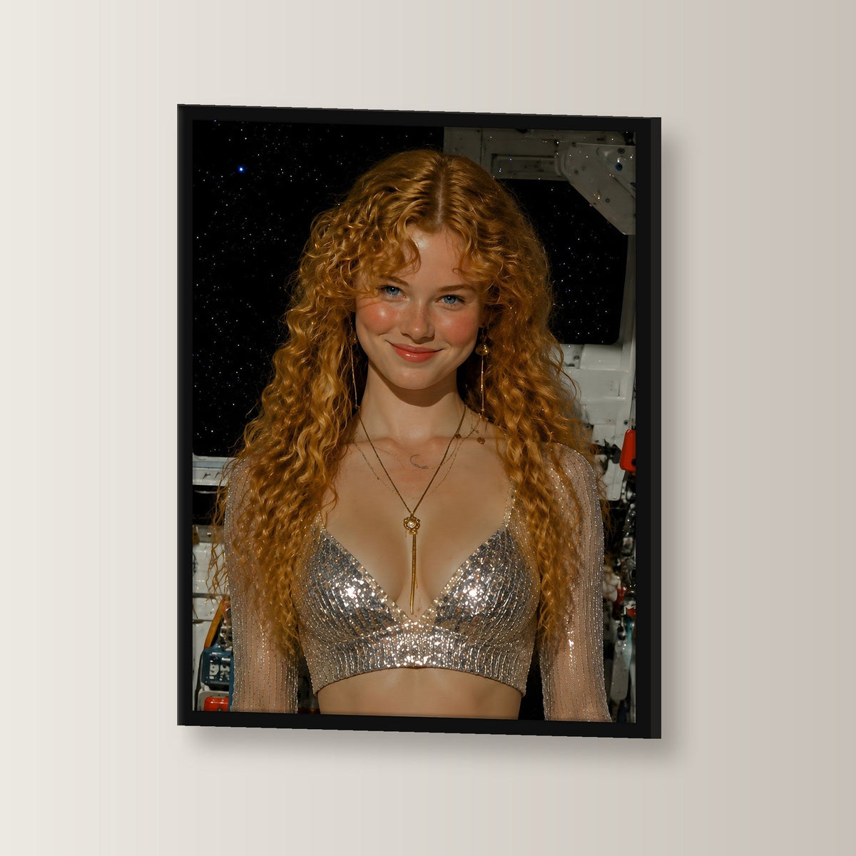 Fantasy Poster gerahmt im schwarzen Holzrahmen, leicht gedreht an der Wand fotografiert