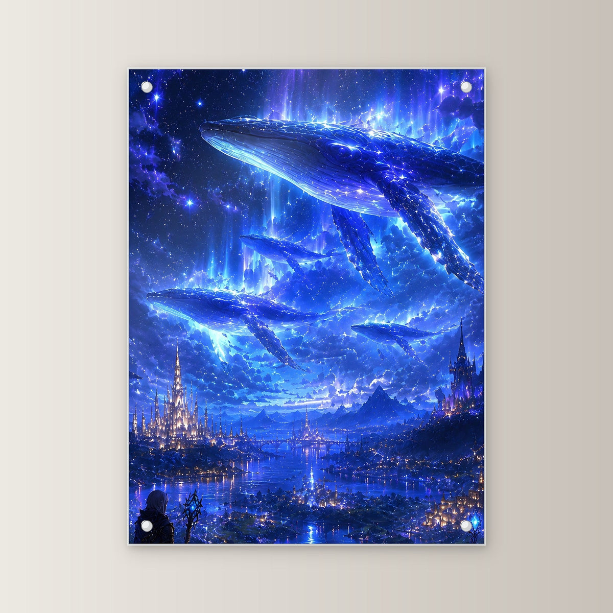Dark-Fantasy Acrylglasbild auf Acrylglas mit Edelstahl-Abstandshaltern, gerade von vorn an heller Wand