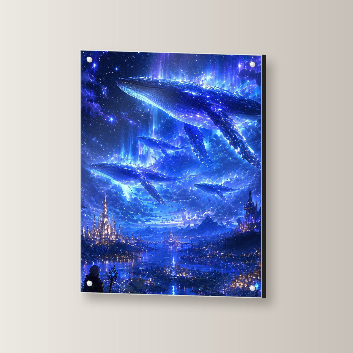 Dark-Fantasy Acrylglasbild auf Acrylglas mit Edelstahl-Abstandshaltern, leicht gedreht an der Wand fotografiert