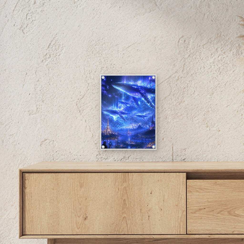 Dark-Fantasy Acrylglasbild auf Acrylglas mit Edelstahl-Abstandshaltern ueber einem Sideboard, zeigt die Groesse im Raum