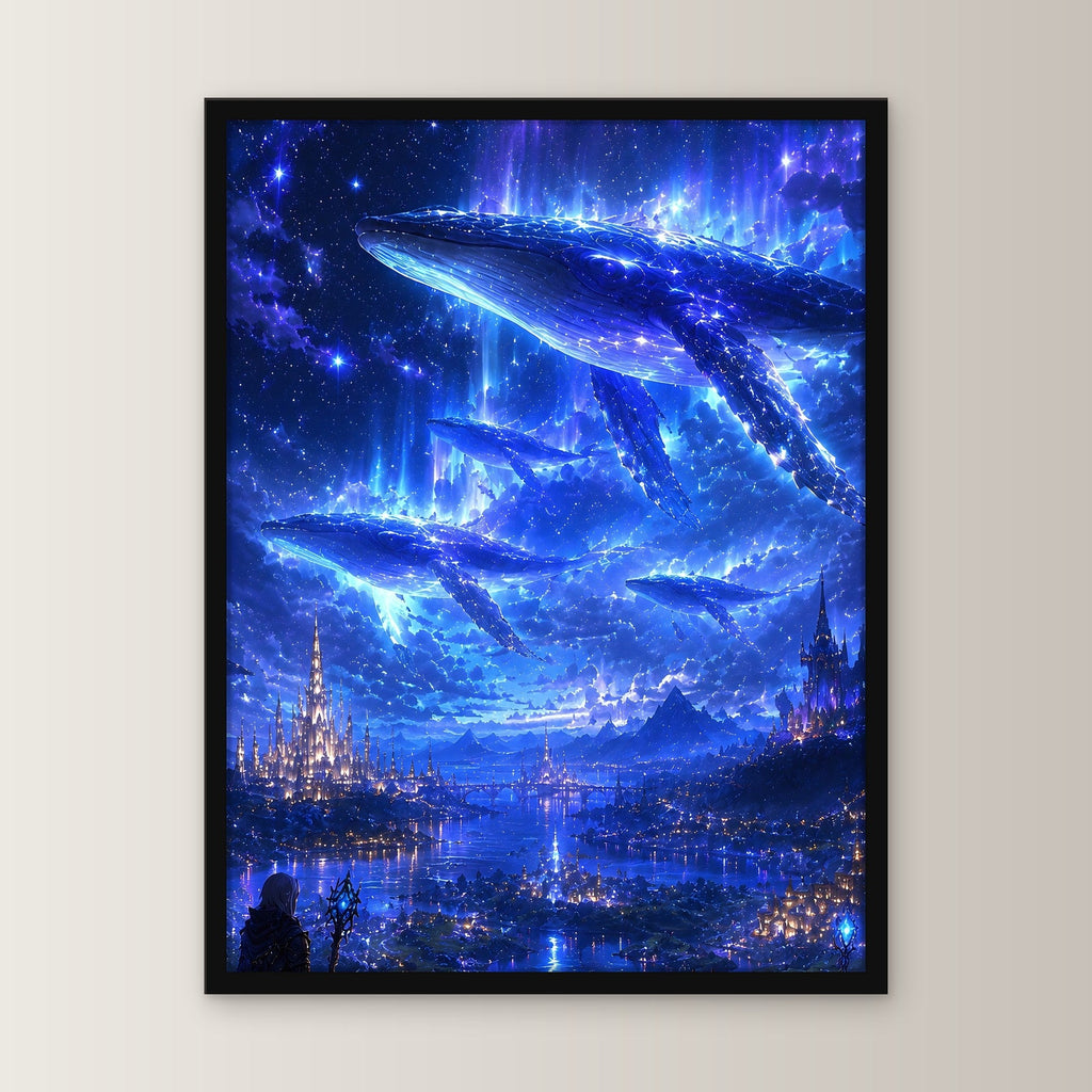 Dark-Fantasy Poster gerahmt im schwarzen Holzrahmen, gerade von vorn an heller Wand