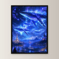 Dark-Fantasy Poster gerahmt im schwarzen Holzrahmen, gerade von vorn an heller Wand