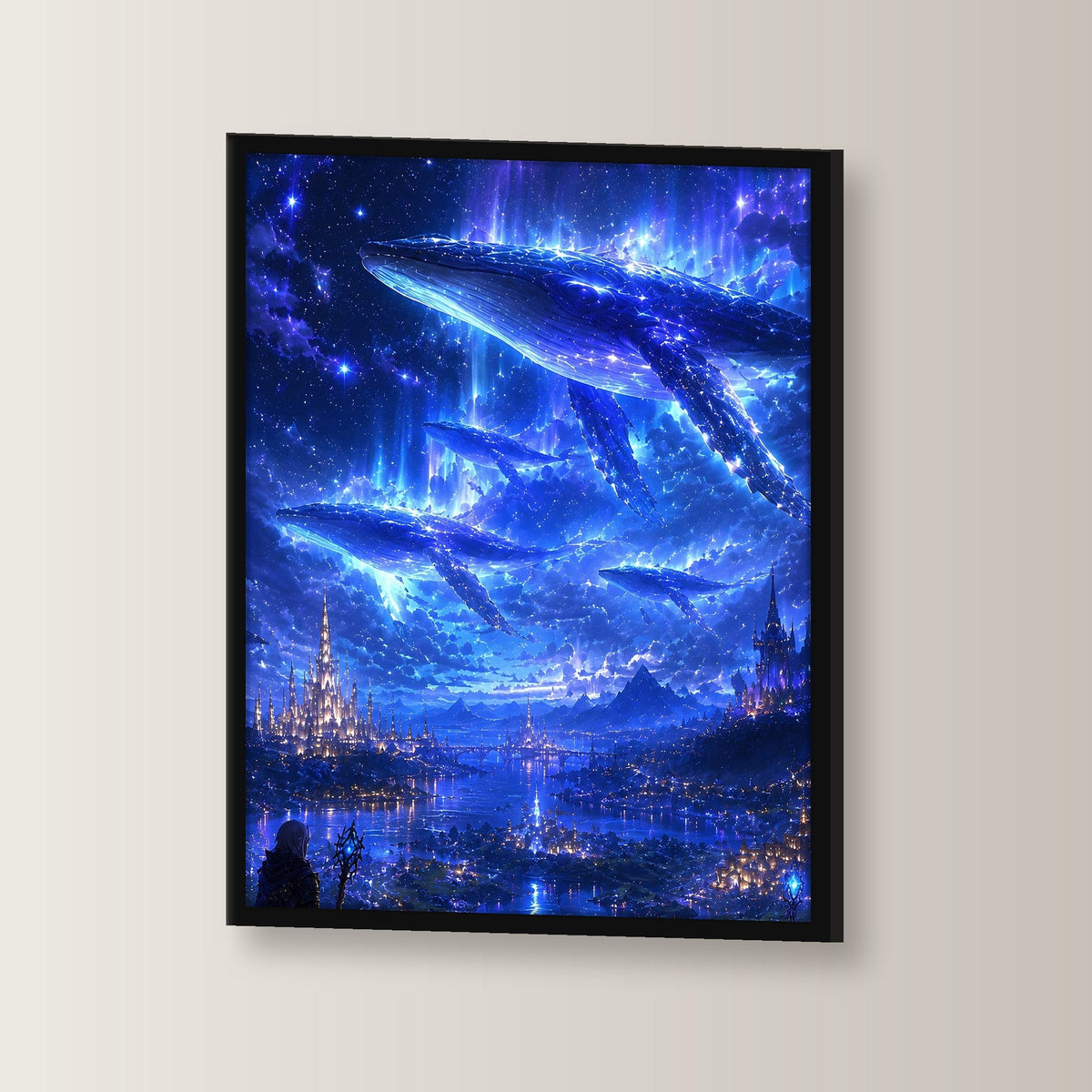 Dark-Fantasy Poster gerahmt im schwarzen Holzrahmen, leicht gedreht an der Wand fotografiert