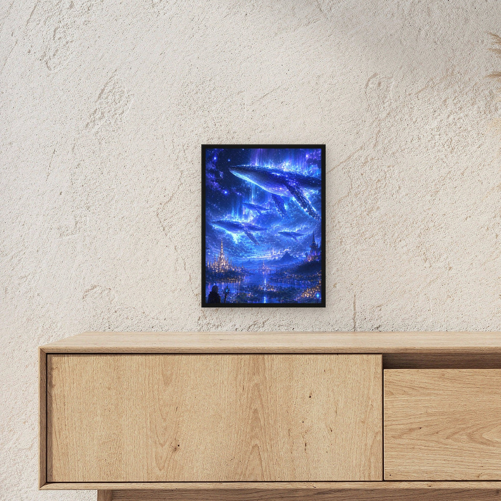Dark-Fantasy Poster gerahmt im schwarzen Holzrahmen ueber einem Sideboard, zeigt die Groesse im Raum