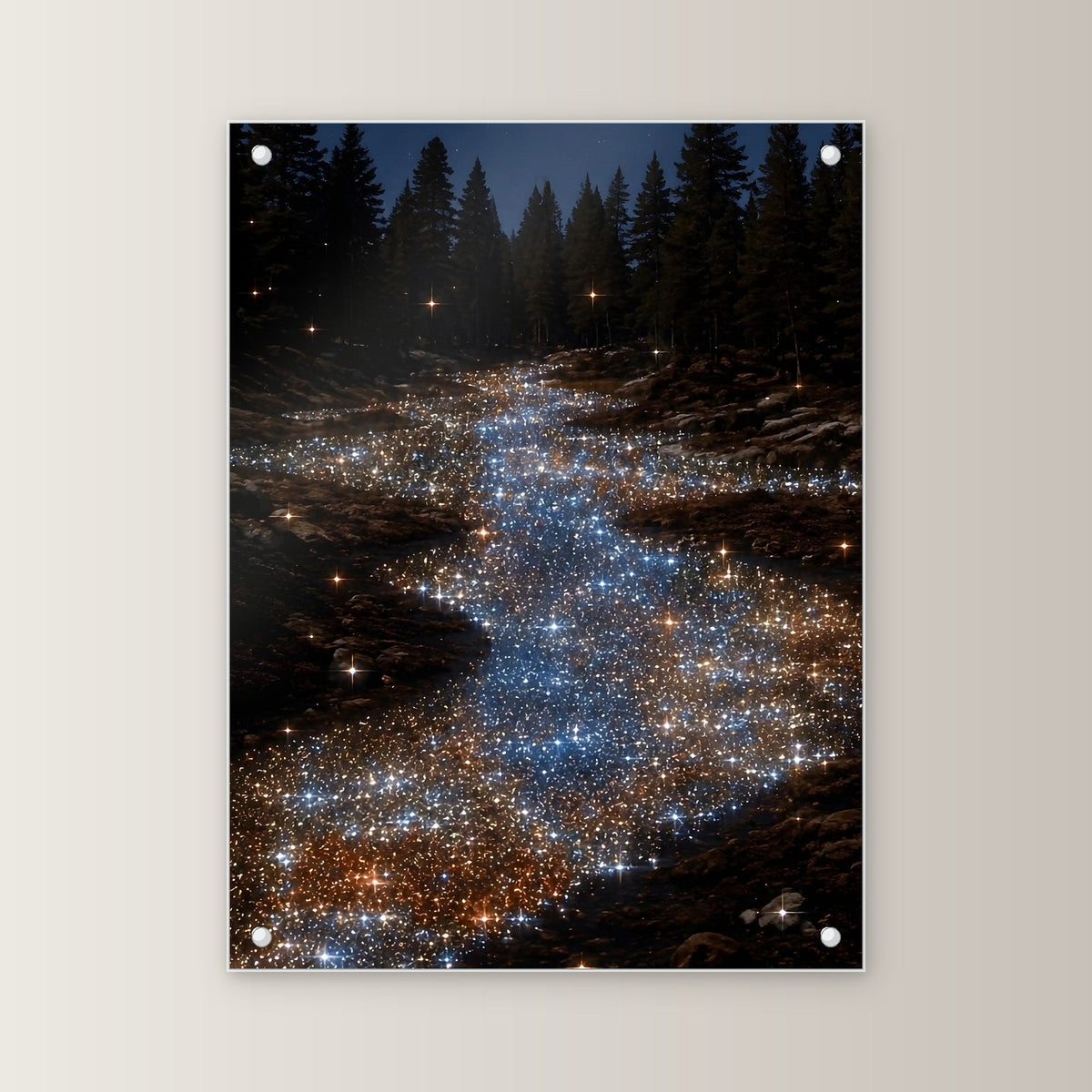 Natur Acrylglasbild auf Acrylglas mit Edelstahl-Abstandshaltern, gerade von vorn an heller Wand