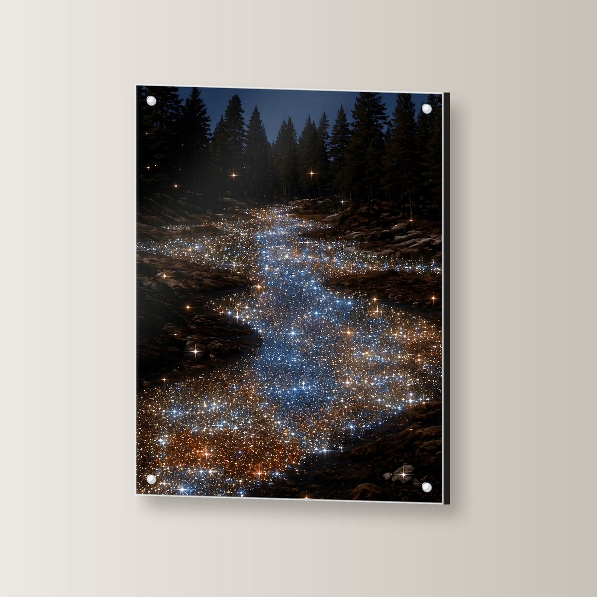 Natur Acrylglasbild auf Acrylglas mit Edelstahl-Abstandshaltern, leicht gedreht an der Wand fotografiert