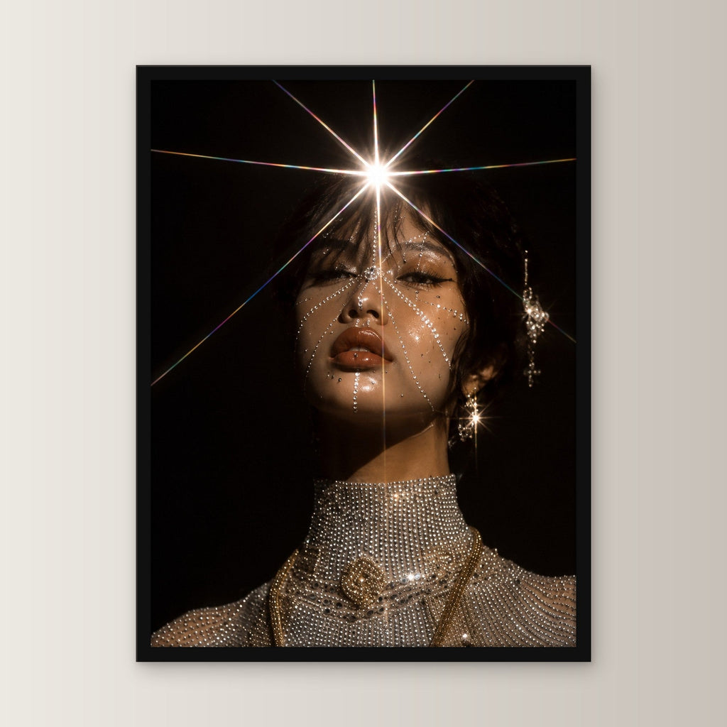 Dark Fantasy Wandbild gerahmt | Glamour Porträt Poster Deko im schwarzen Holzrahmen, gerade von vorn an heller Wand