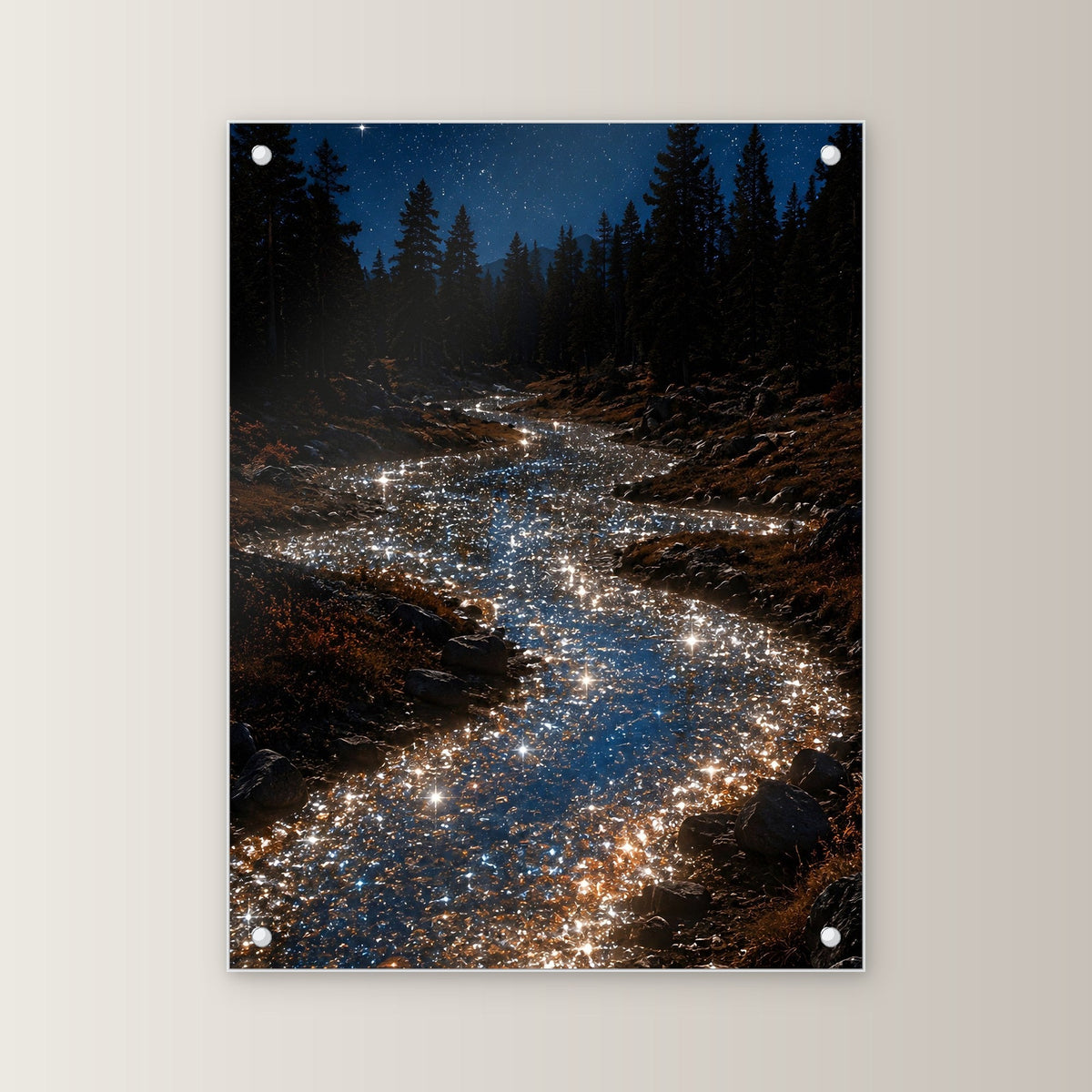 Natur Acrylglasbild auf Acrylglas mit Edelstahl-Abstandshaltern, gerade von vorn an heller Wand