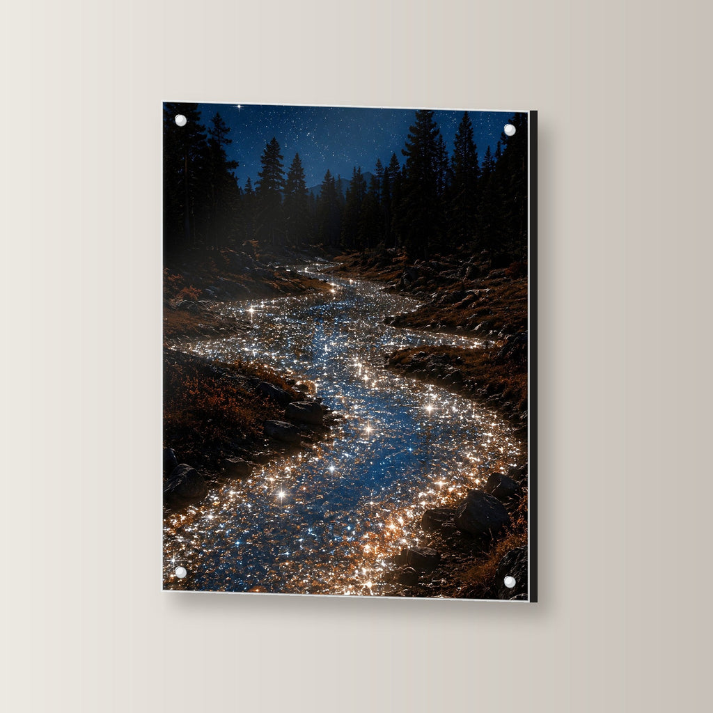 Natur Acrylglasbild auf Acrylglas mit Edelstahl-Abstandshaltern, leicht gedreht an der Wand fotografiert