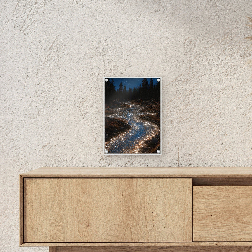 Natur Acrylglasbild auf Acrylglas mit Edelstahl-Abstandshaltern ueber einem Sideboard, zeigt die Groesse im Raum