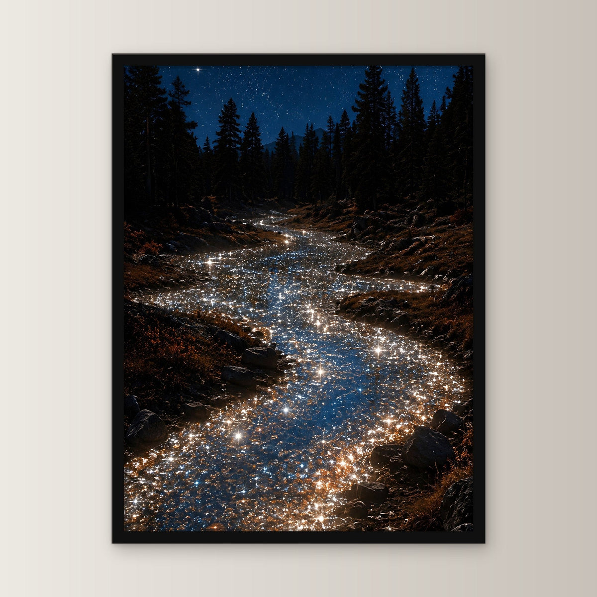 Natur Poster gerahmt im schwarzen Holzrahmen, gerade von vorn an heller Wand