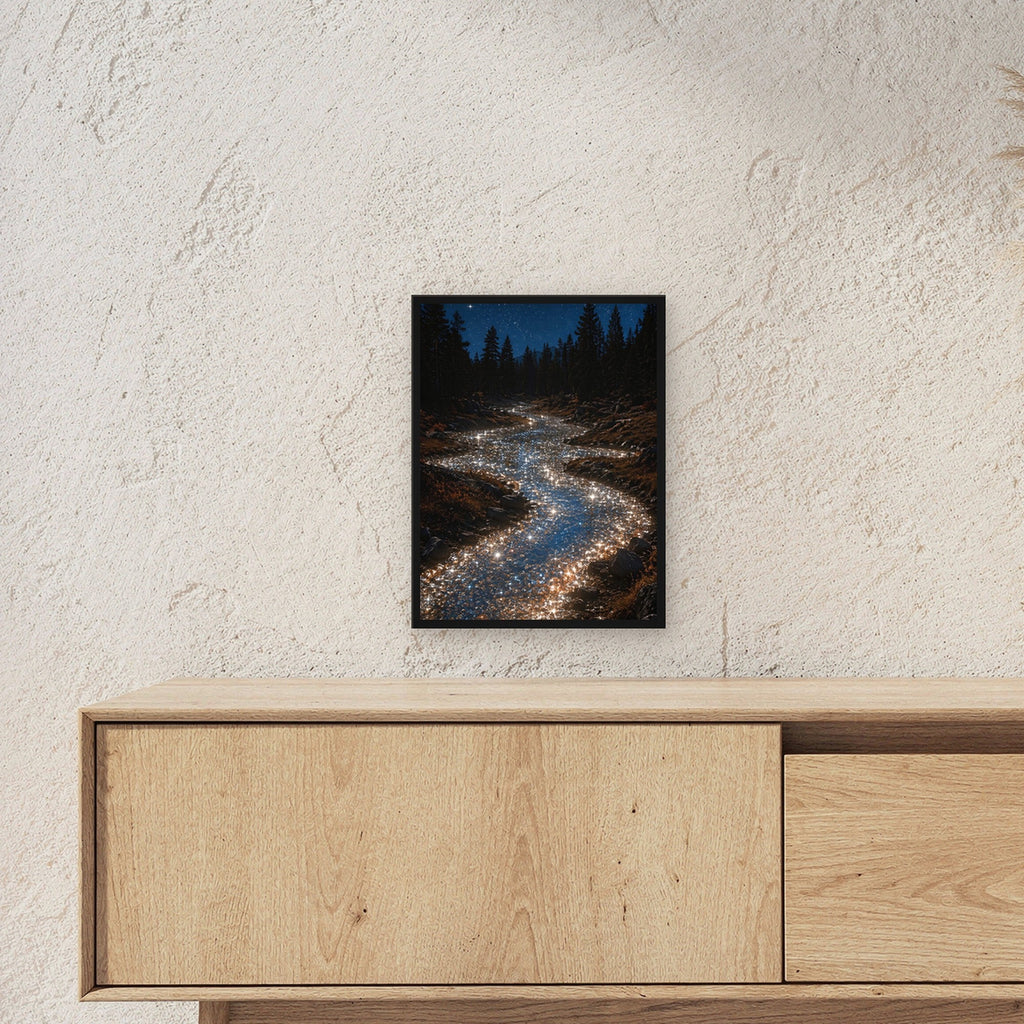 Natur Poster gerahmt im schwarzen Holzrahmen ueber einem Sideboard, zeigt die Groesse im Raum