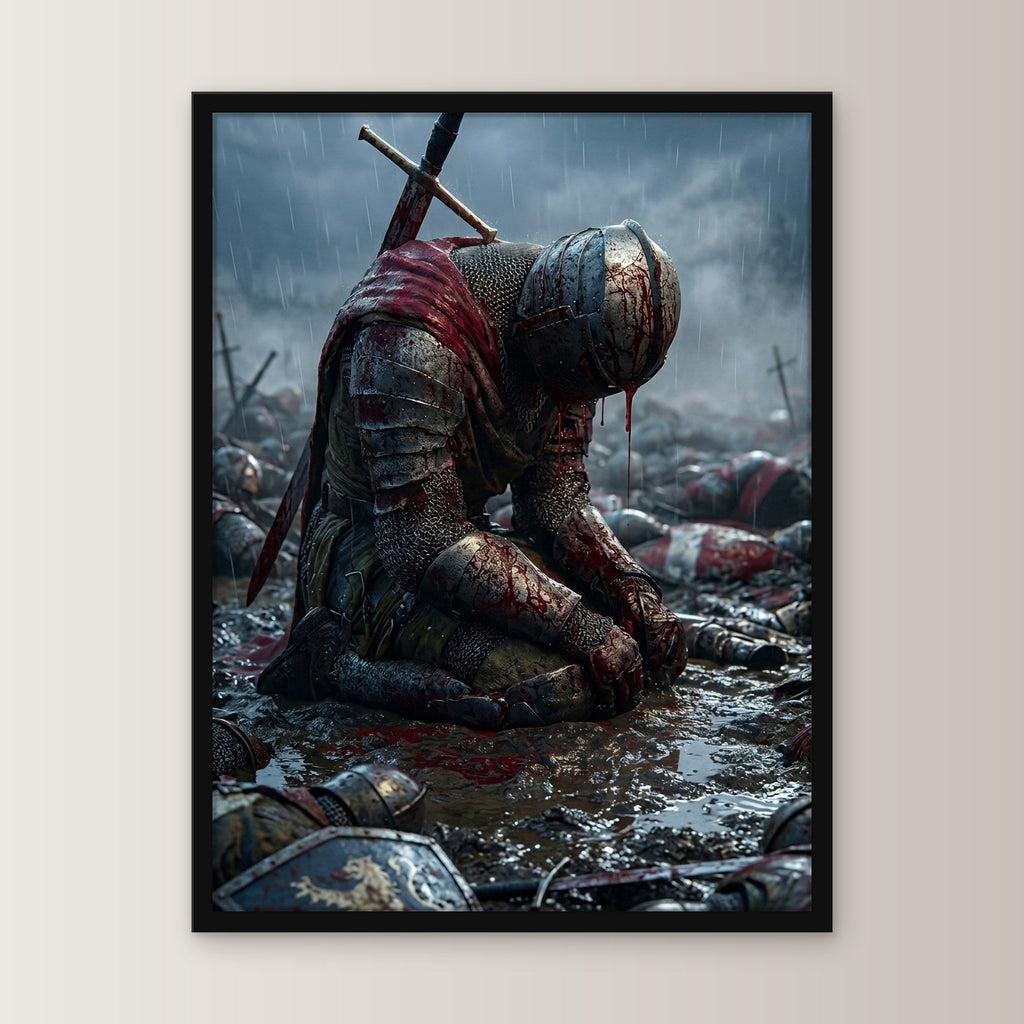Dark-Fantasy Poster gerahmt im schwarzen Holzrahmen, gerade von vorn an heller Wand