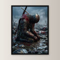 Dark-Fantasy Poster gerahmt im schwarzen Holzrahmen, gerade von vorn an heller Wand