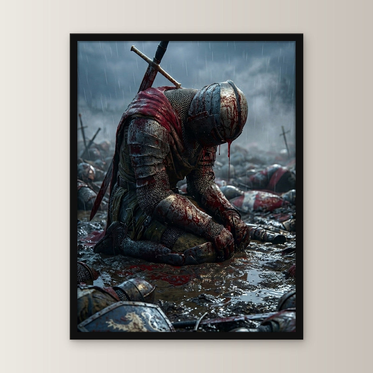 Dark-Fantasy Poster gerahmt im schwarzen Holzrahmen, gerade von vorn an heller Wand