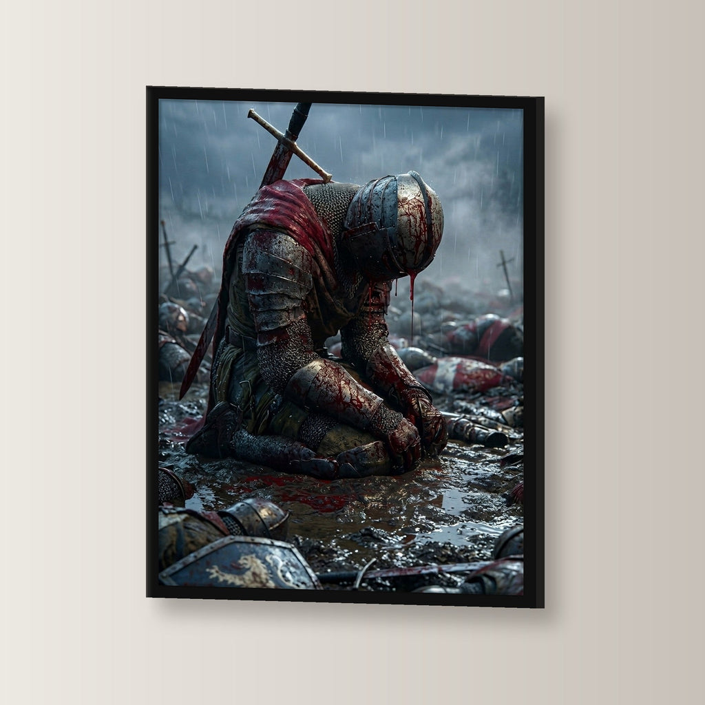 Dark-Fantasy Poster gerahmt im schwarzen Holzrahmen, leicht gedreht an der Wand fotografiert