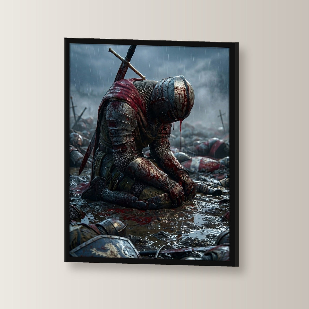 Dark-Fantasy Poster gerahmt im schwarzen Holzrahmen, leicht gedreht an der Wand fotografiert