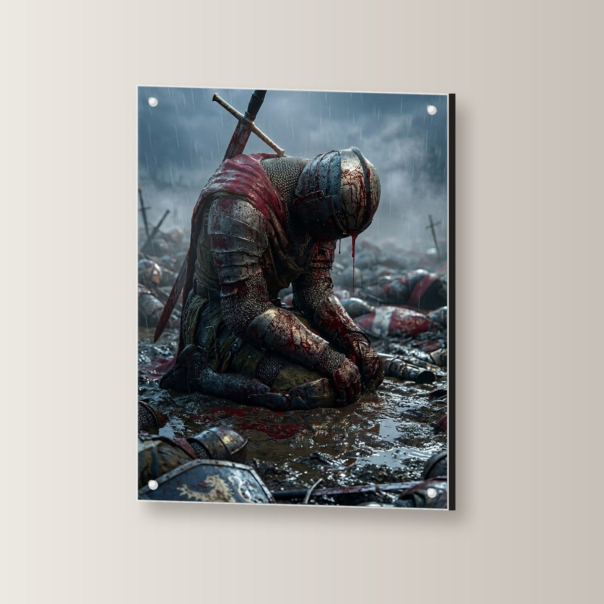 Dark-Fantasy Acrylglasbild auf Acrylglas mit Edelstahl-Abstandshaltern, leicht gedreht an der Wand fotografiert