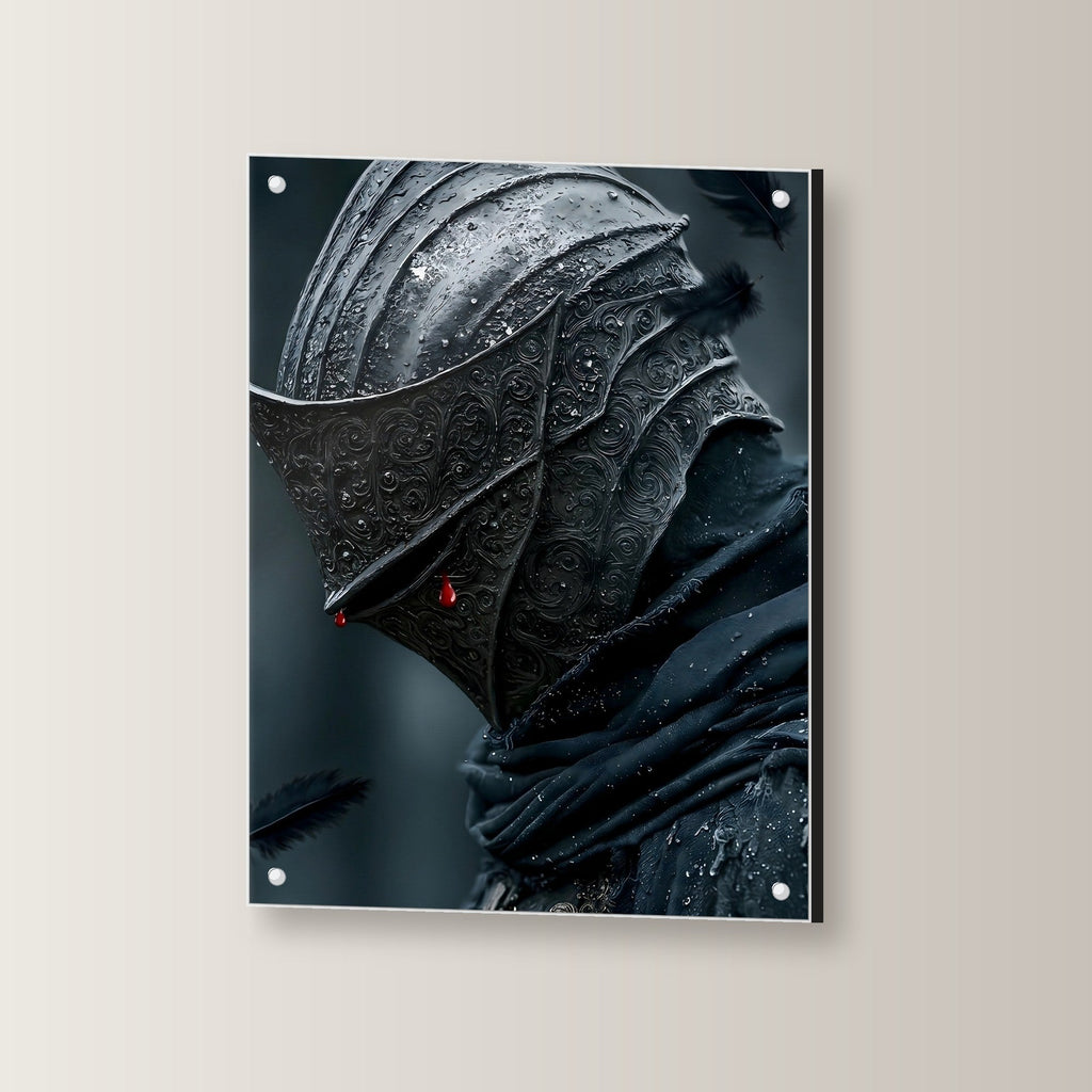 Dark-Fantasy Acrylglasbild auf Acrylglas mit Edelstahl-Abstandshaltern, leicht gedreht an der Wand fotografiert