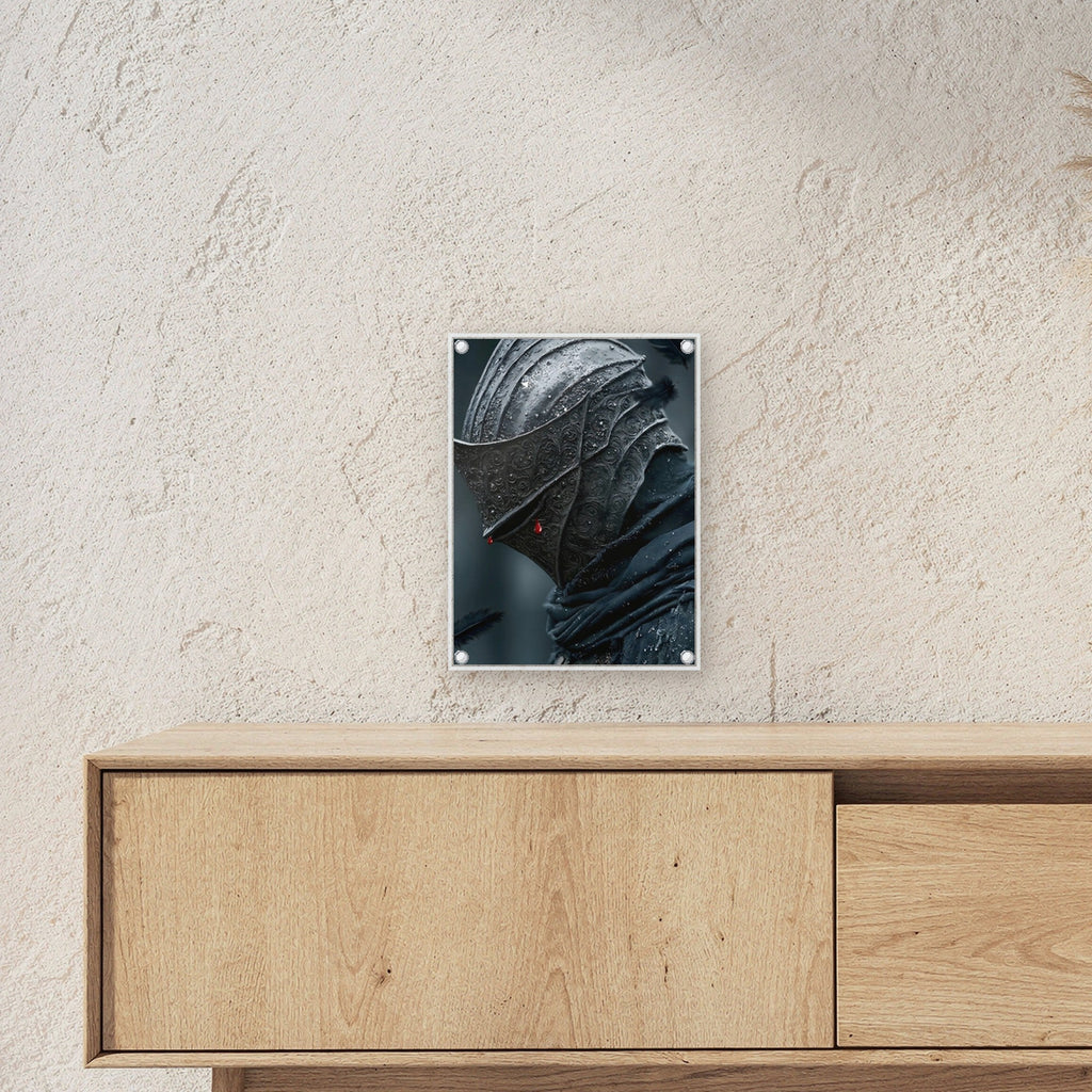 Dark-Fantasy Acrylglasbild auf Acrylglas mit Edelstahl-Abstandshaltern ueber einem Sideboard, zeigt die Groesse im Raum