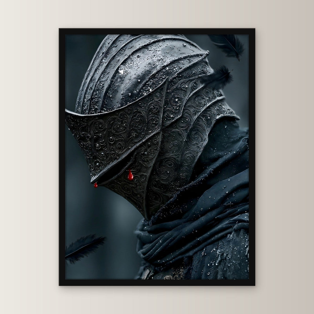 Dark-Fantasy Poster gerahmt im schwarzen Holzrahmen, gerade von vorn an heller Wand