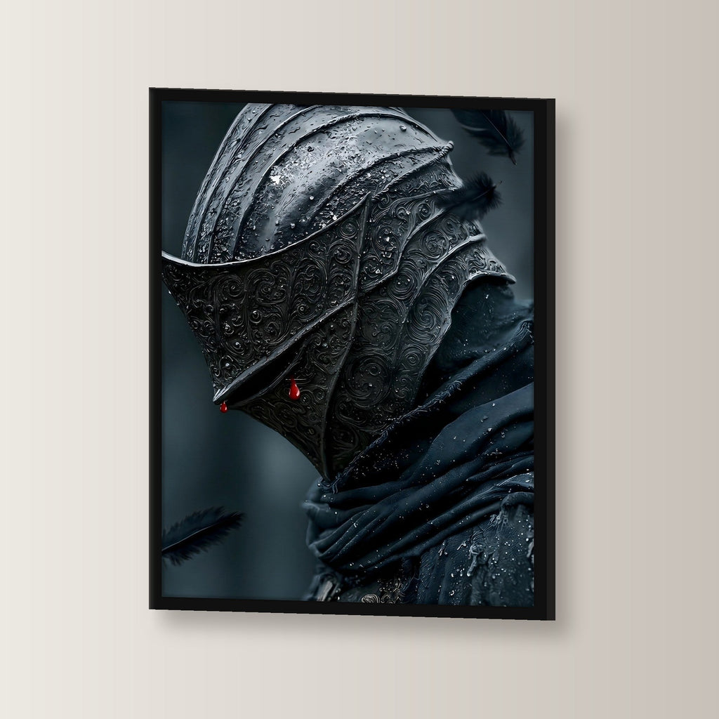 Dark-Fantasy Poster gerahmt im schwarzen Holzrahmen, leicht gedreht an der Wand fotografiert