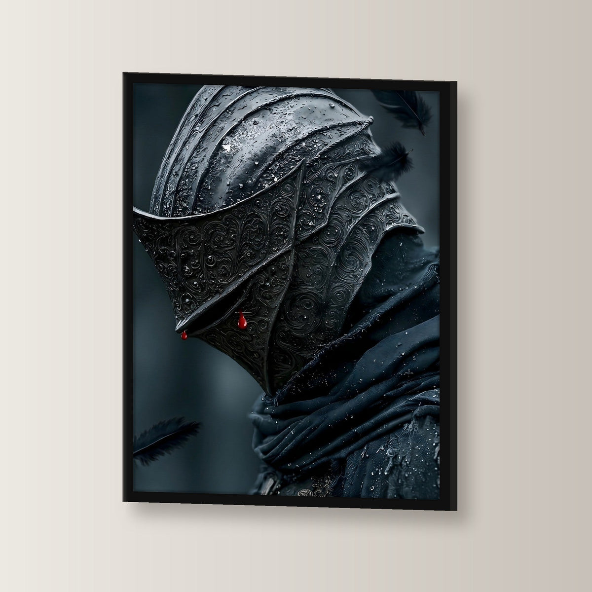 Dark-Fantasy Poster gerahmt im schwarzen Holzrahmen, leicht gedreht an der Wand fotografiert