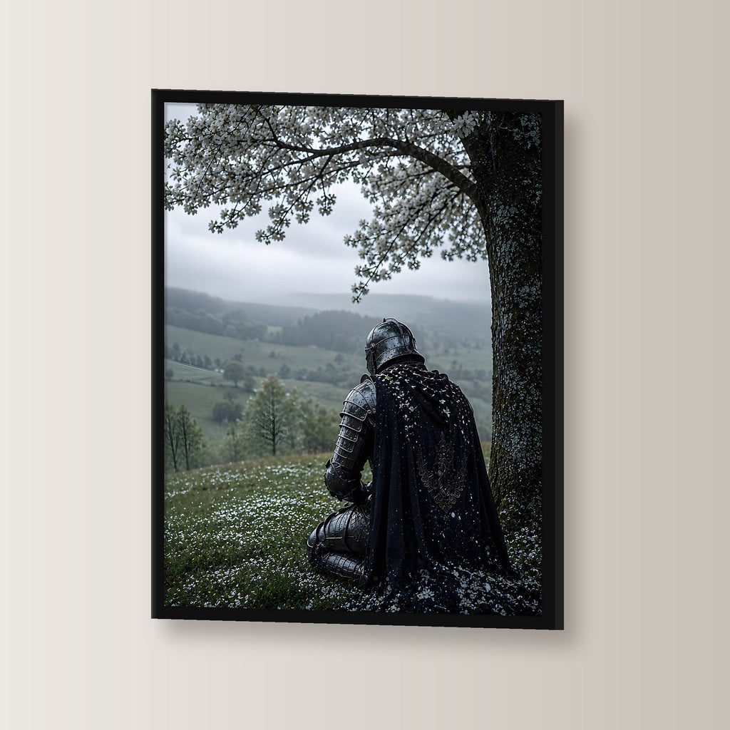 Dark-Fantasy Poster gerahmt im schwarzen Holzrahmen, leicht gedreht an der Wand fotografiert