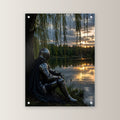 Ritter am See, Dark-Fantasy Acrylglasbild auf Acrylglas mit Edelstahl-Abstandshaltern, gerade von vorn an heller Wand