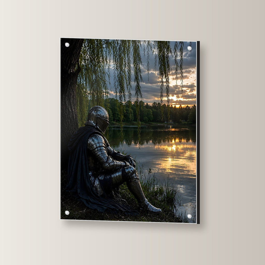 Ritter am See, Dark-Fantasy Acrylglasbild auf Acrylglas mit Edelstahl-Abstandshaltern, leicht gedreht an der Wand fotografiert