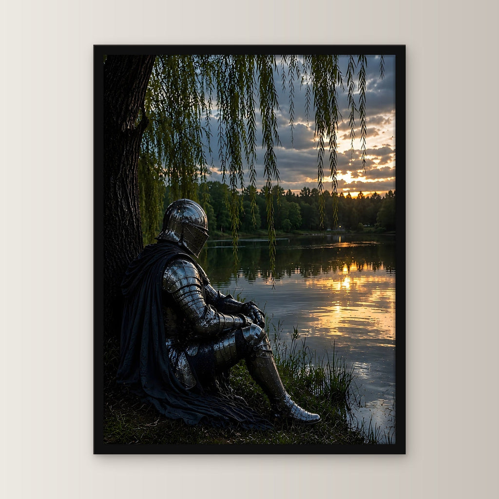 Dark-Fantasy Poster gerahmt im schwarzen Holzrahmen, gerade von vorn an heller Wand