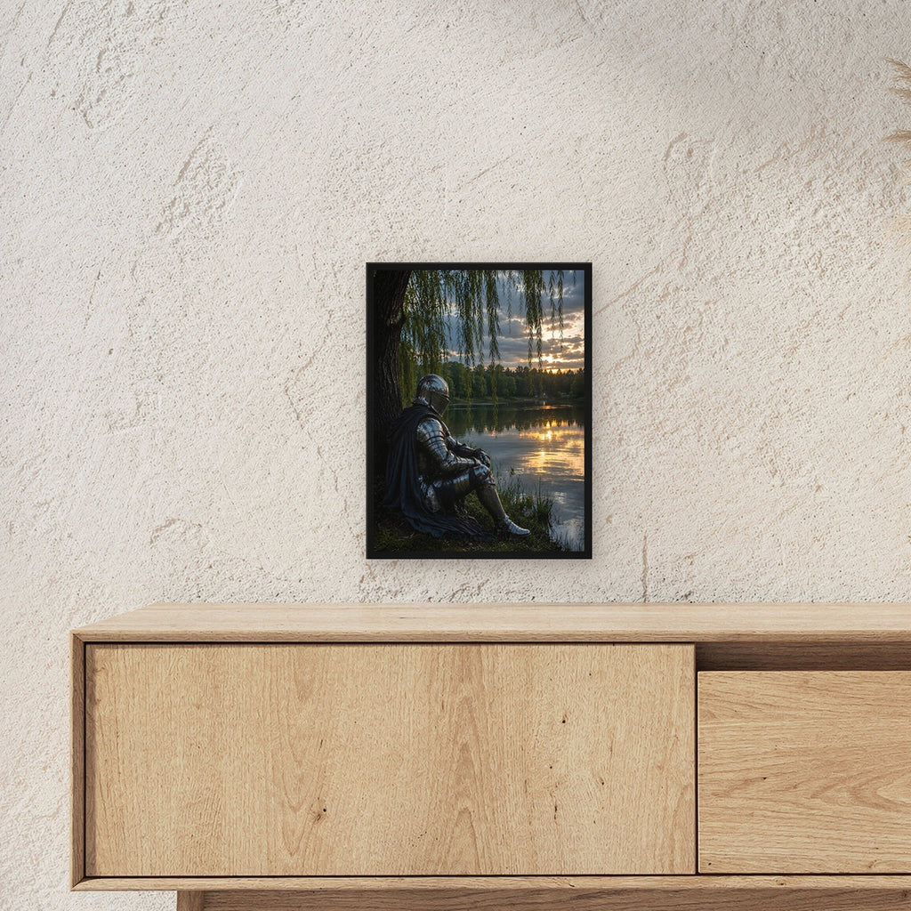 Dark-Fantasy Poster gerahmt im schwarzen Holzrahmen ueber einem Sideboard, zeigt die Groesse im Raum