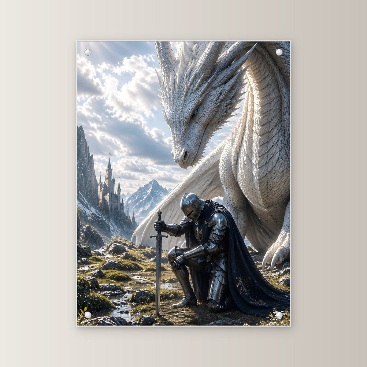 Ritter kniet vor dem weißen Drachen, Dark Fantasy Acrylglasbild auf Acrylglas mit Edelstahl-Abstandshaltern, gerade von vorn an heller Wand