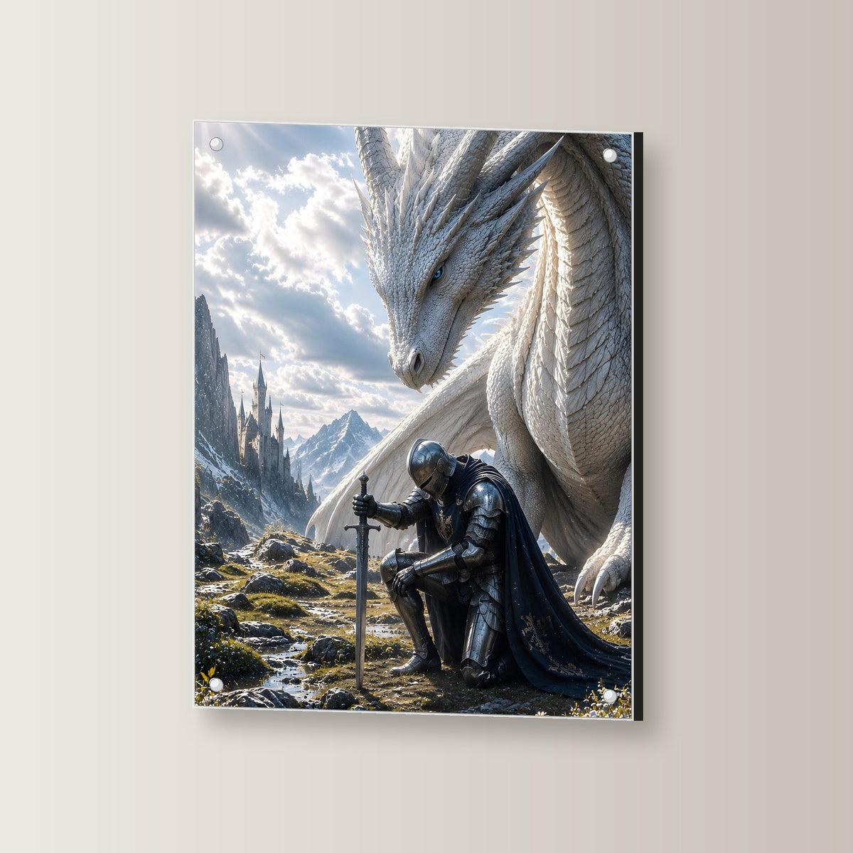 Ritter kniet vor dem weißen Drachen, Dark Fantasy Acrylglasbild auf Acrylglas mit Edelstahl-Abstandshaltern, leicht gedreht an der Wand fotografiert