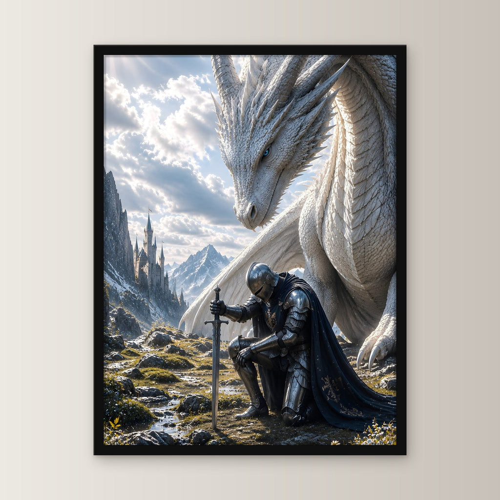 Ritter kniet vor dem weißen Drachen, Fantasy Wandbild gerahmt im schwarzen Holzrahmen, gerade von vorn an heller Wand