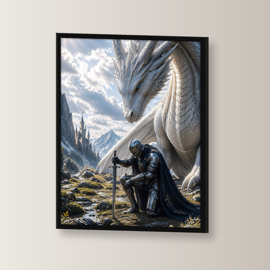 Ritter kniet vor dem weißen Drachen, Fantasy Wandbild gerahmt im schwarzen Holzrahmen, leicht gedreht an der Wand fotografiert