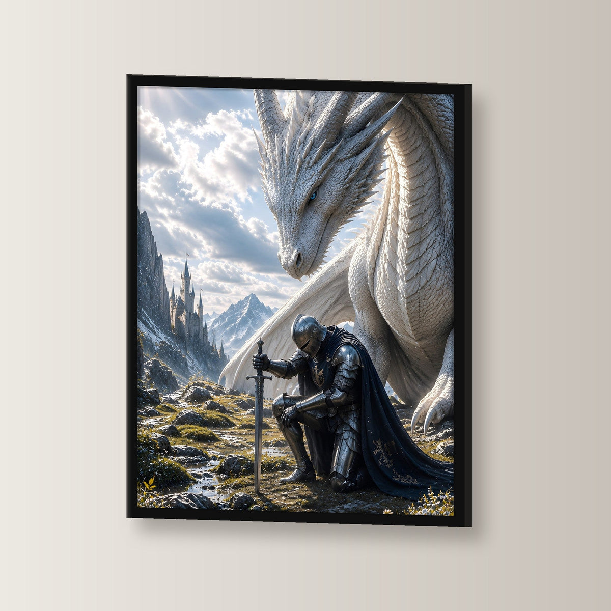 Ritter kniet vor dem weißen Drachen, Fantasy Wandbild gerahmt im schwarzen Holzrahmen, leicht gedreht an der Wand fotografiert