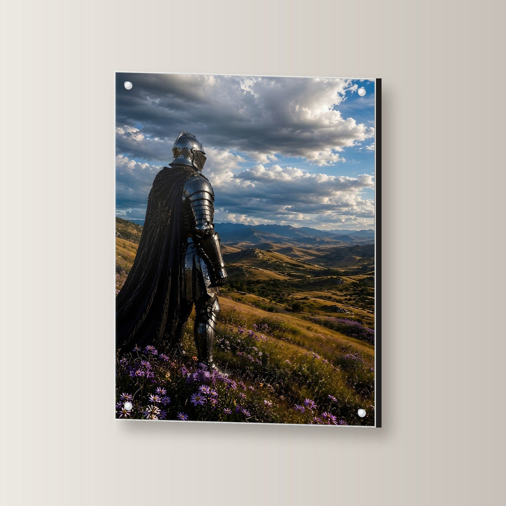 Ritter unter weitem Wolkenhimmel, Mittelalter Fantasy Acrylglasbild auf Acrylglas mit Edelstahl-Abstandshaltern, leicht gedreht an der Wand fotografiert