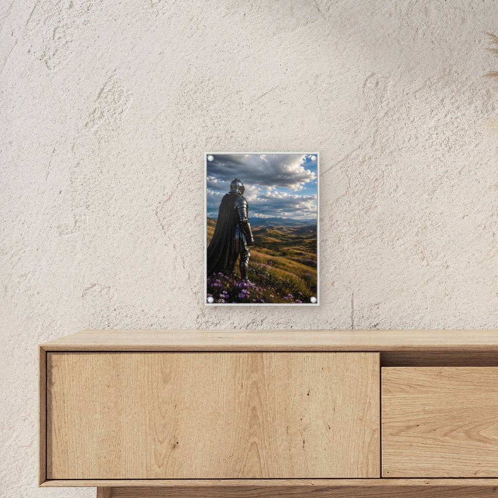 Ritter unter weitem Wolkenhimmel, Mittelalter Fantasy Acrylglasbild auf Acrylglas mit Edelstahl-Abstandshaltern ueber einem Sideboard, zeigt die Groesse im Raum