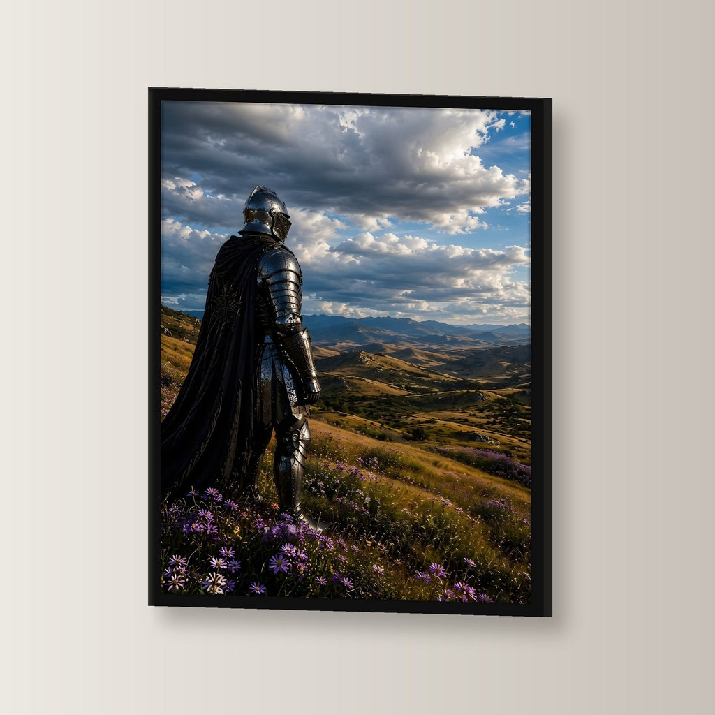 Ritter unter weitem Wolkenhimmel, Mittelalter Fantasy Wandbild gerahmt im schwarzen Holzrahmen, leicht gedreht an der Wand fotografiert