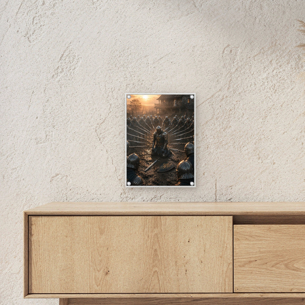 Dark-Fantasy Acrylglasbild auf Acrylglas mit Edelstahl-Abstandshaltern ueber einem Sideboard, zeigt die Groesse im Raum