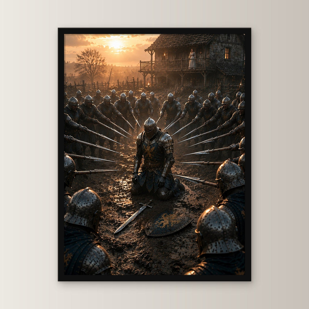Dark-Fantasy Poster gerahmt im schwarzen Holzrahmen, gerade von vorn an heller Wand