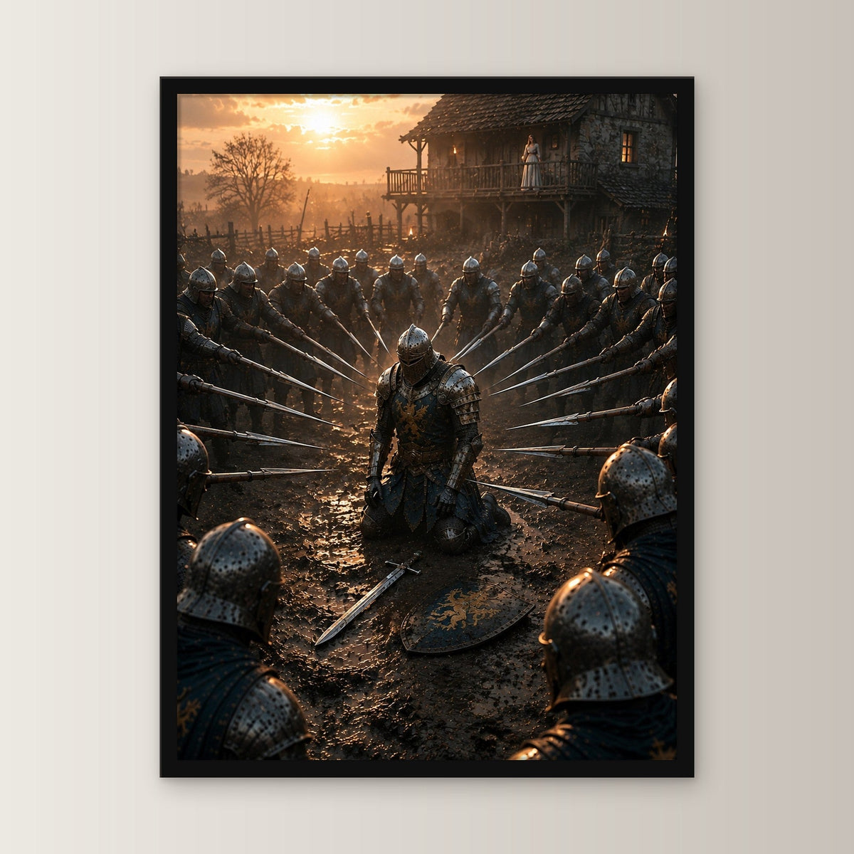 Dark-Fantasy Poster gerahmt im schwarzen Holzrahmen, gerade von vorn an heller Wand
