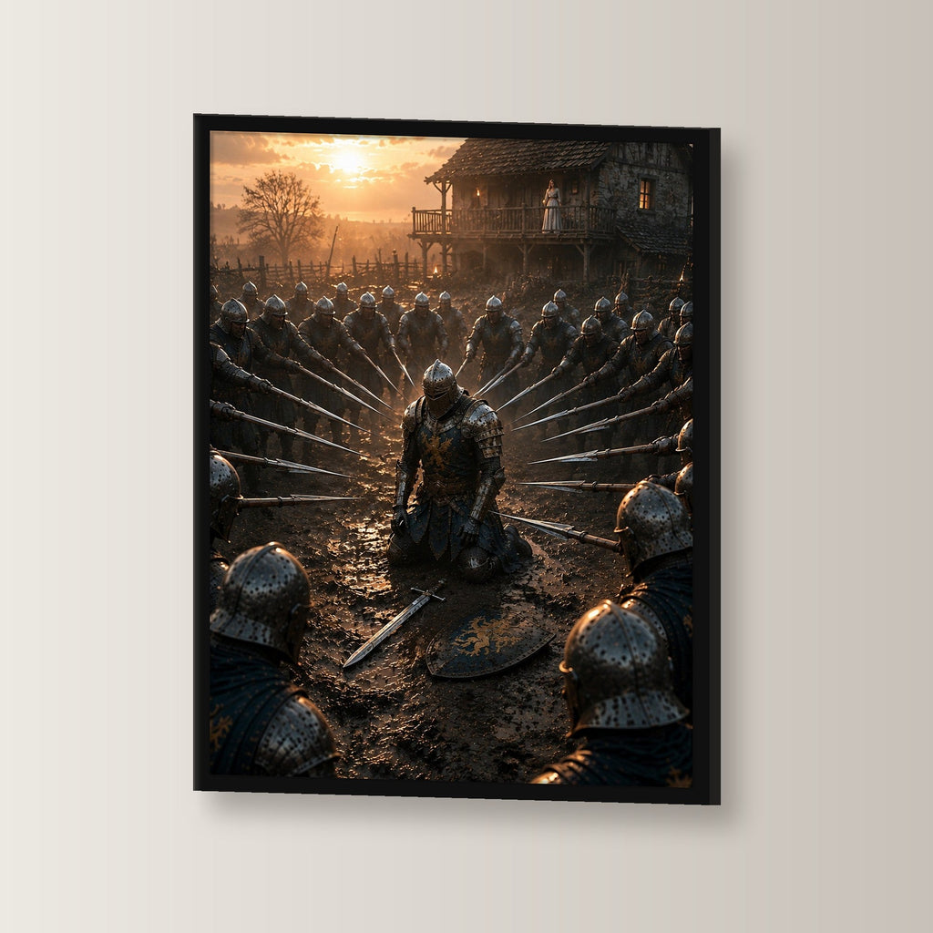 Dark-Fantasy Poster gerahmt im schwarzen Holzrahmen, leicht gedreht an der Wand fotografiert