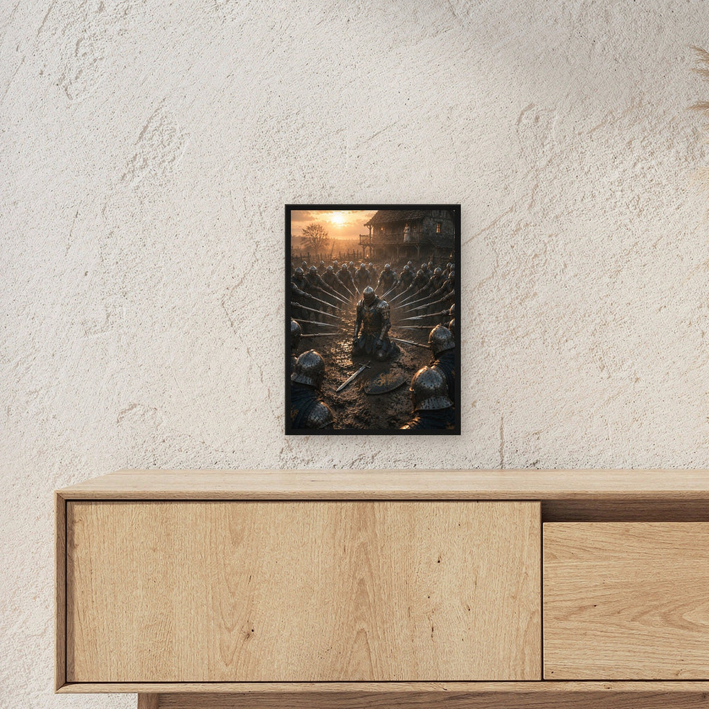 Dark-Fantasy Poster gerahmt im schwarzen Holzrahmen ueber einem Sideboard, zeigt die Groesse im Raum