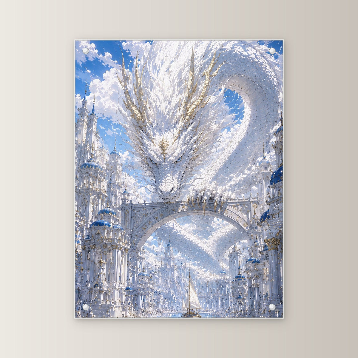 Dark-Fantasy Acrylglasbild auf Acrylglas mit Edelstahl-Abstandshaltern, gerade von vorn an heller Wand