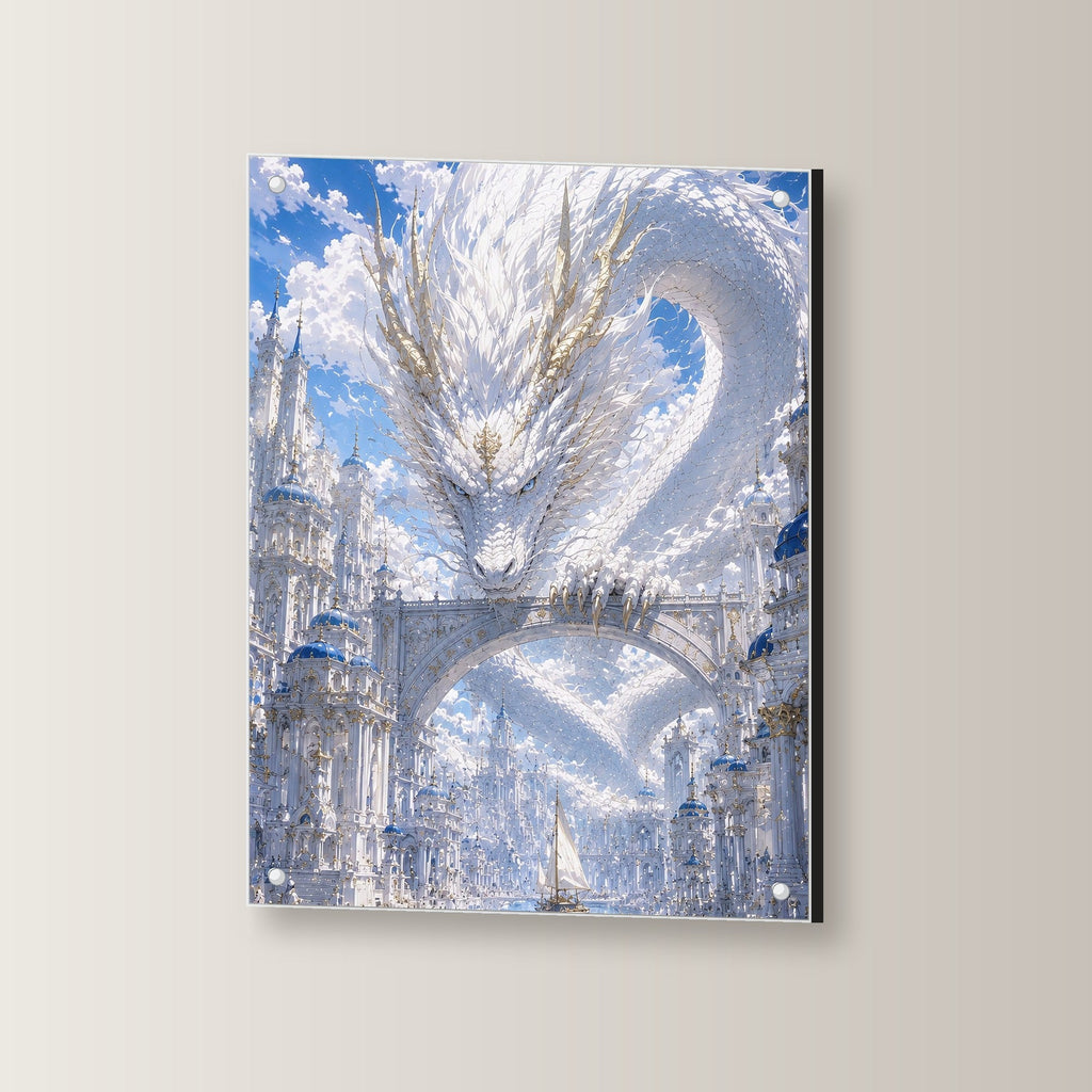Dark-Fantasy Acrylglasbild auf Acrylglas mit Edelstahl-Abstandshaltern, leicht gedreht an der Wand fotografiert