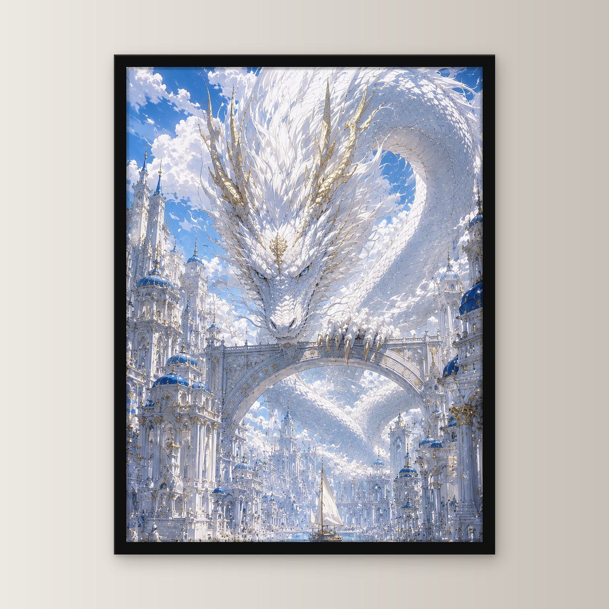 Dark-Fantasy Poster gerahmt im schwarzen Holzrahmen, gerade von vorn an heller Wand
